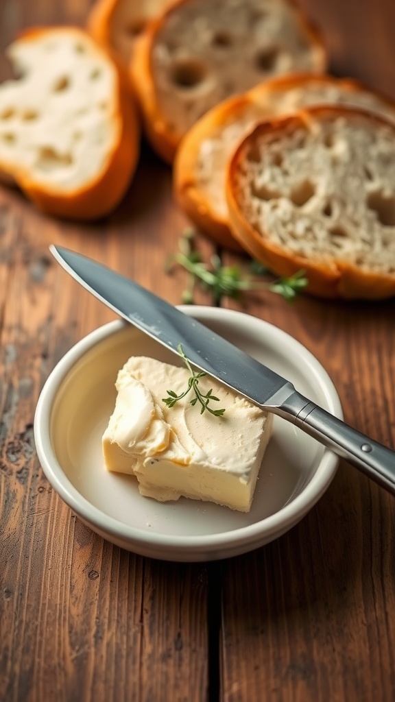 Freshly made butter in a dish with a knife, surrounded by herbs and slices of bread on a wooden table.
